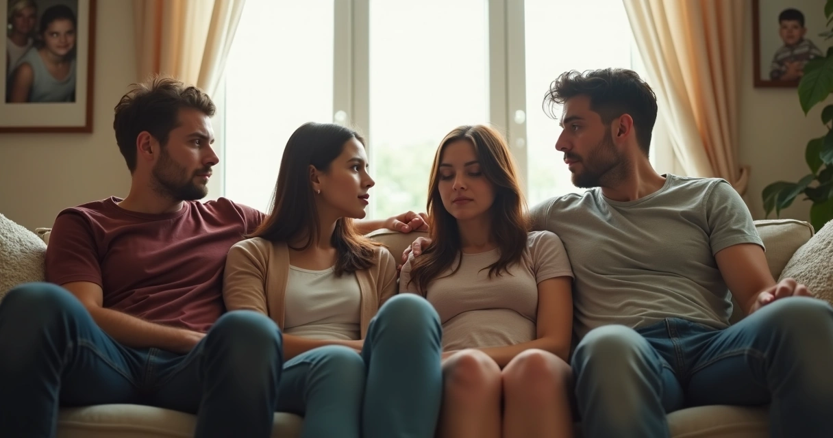 Família sentada em sala de estar, evitando contato visual