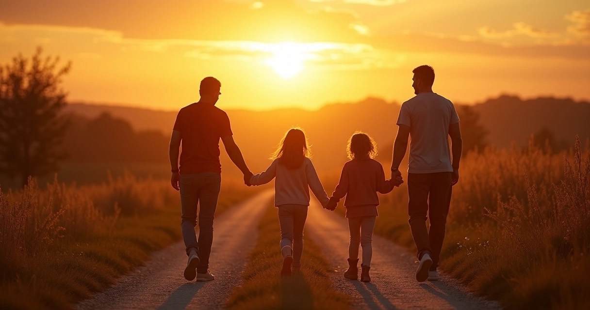 Família caminhando ao entardecer de mãos dadas 