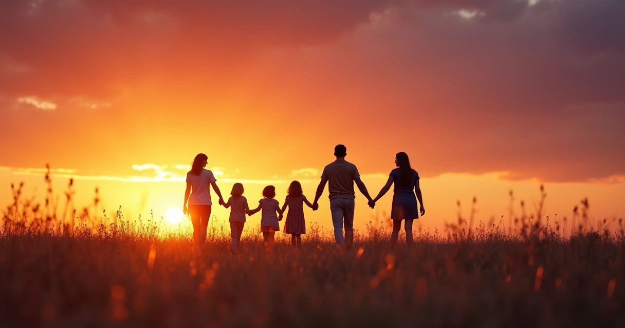 Siluetas de una familia caminando tomadas de la mano al atardecer