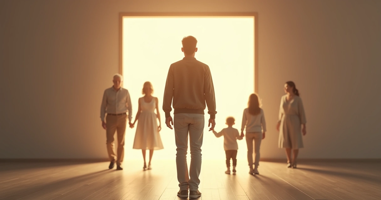 Persona rodeada de siluetas familiares influyendo en sus decisiones 