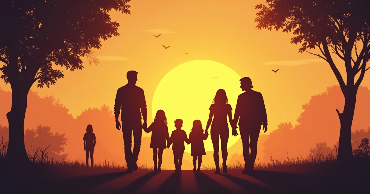 Familia de siluetas con un miembro separado del grupo