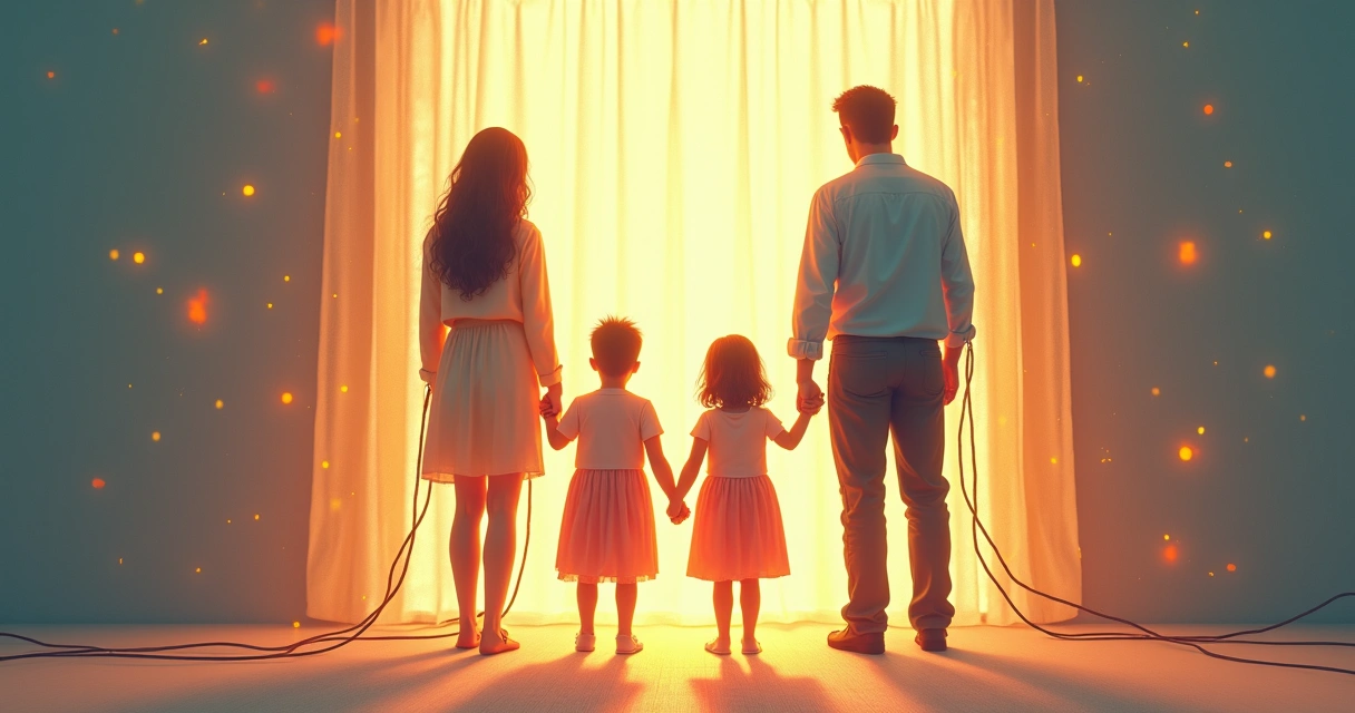 Representação simbólica de uma família conectada por laços coloridos, com luz suave e ambiente sereno 