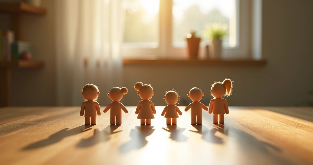 Objetos representando membros de uma família em uma mesa com luz suave