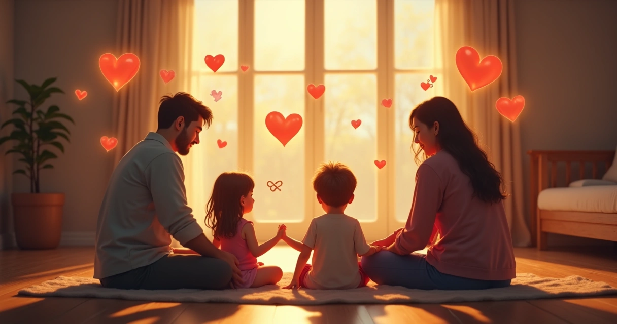 Família em círculo com símbolos de emoções e vínculos ao redor 