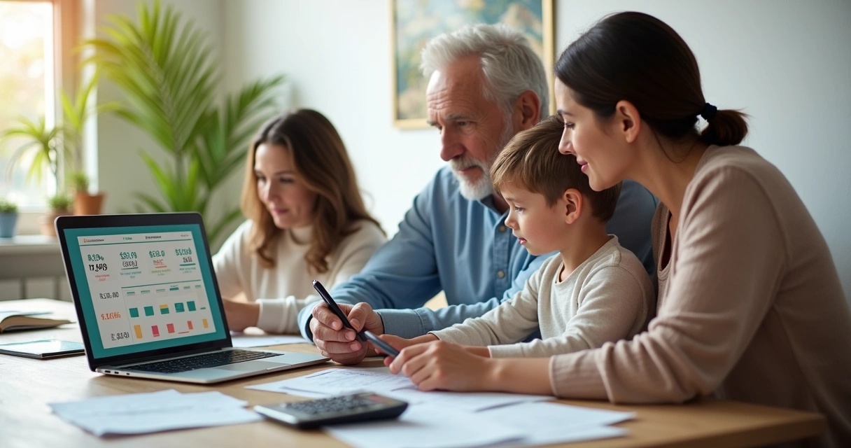 Família analisa simulação de financiamento imobiliário no notebook 