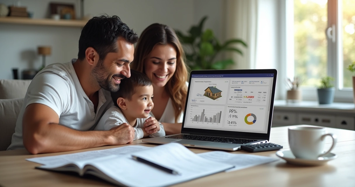 Família analisando simulação de financiamento para construir casa em notebook 
