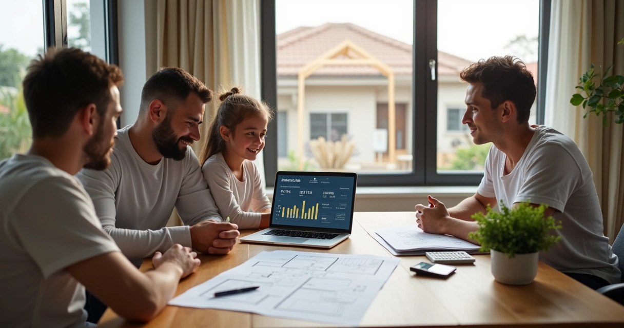 Família usando notebook para simular financiamento da construção da casa na sala de estar 