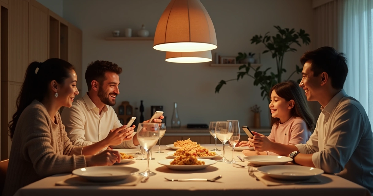 Familia cenando sin móviles y conversando en la mesa