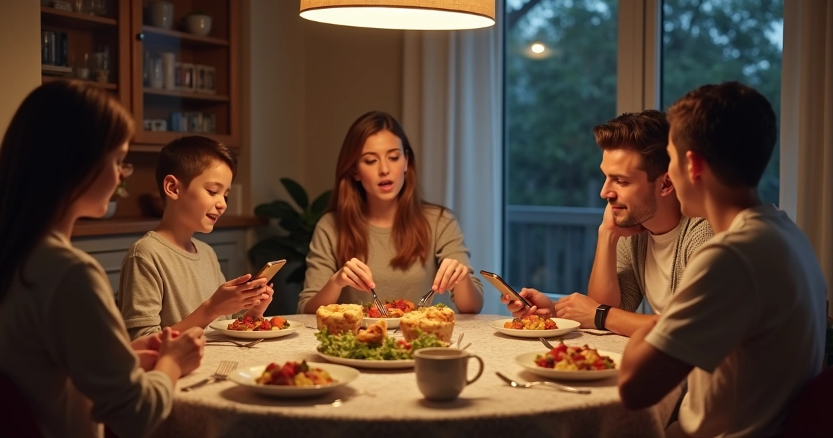 Familia conversando en la mesa con teléfonos apartados