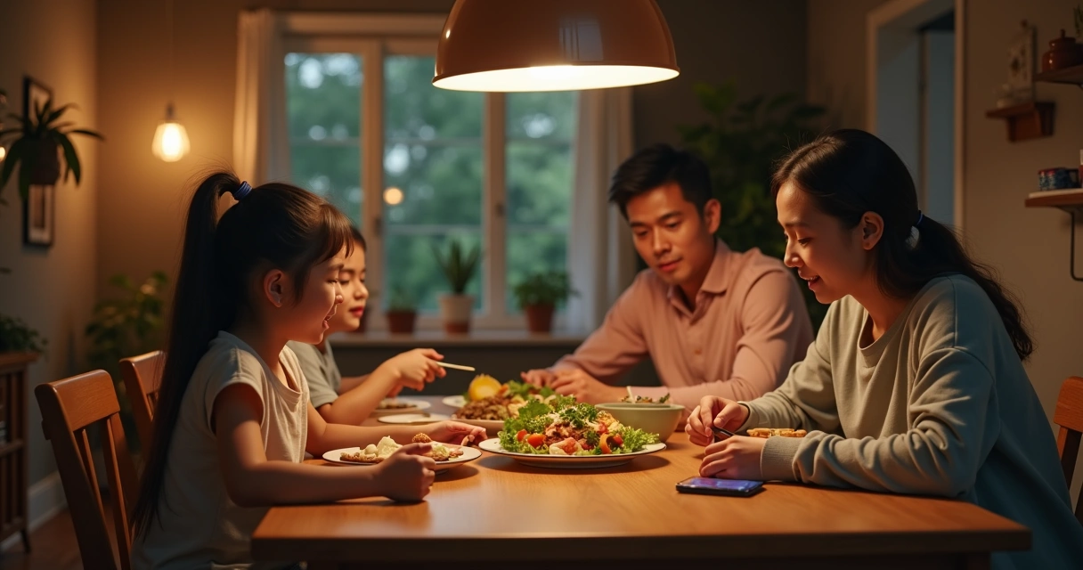 Familia cenando sin pantallas en una mesa de madera 
