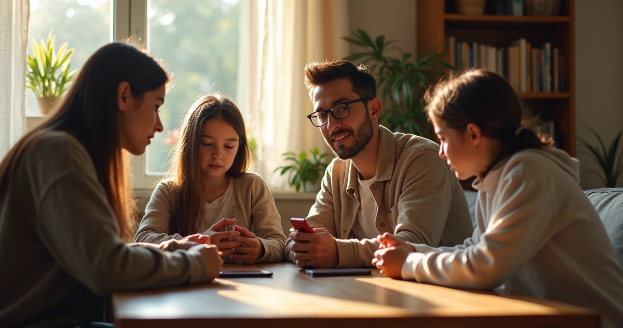 Familia conversando en el salón sin pantallas