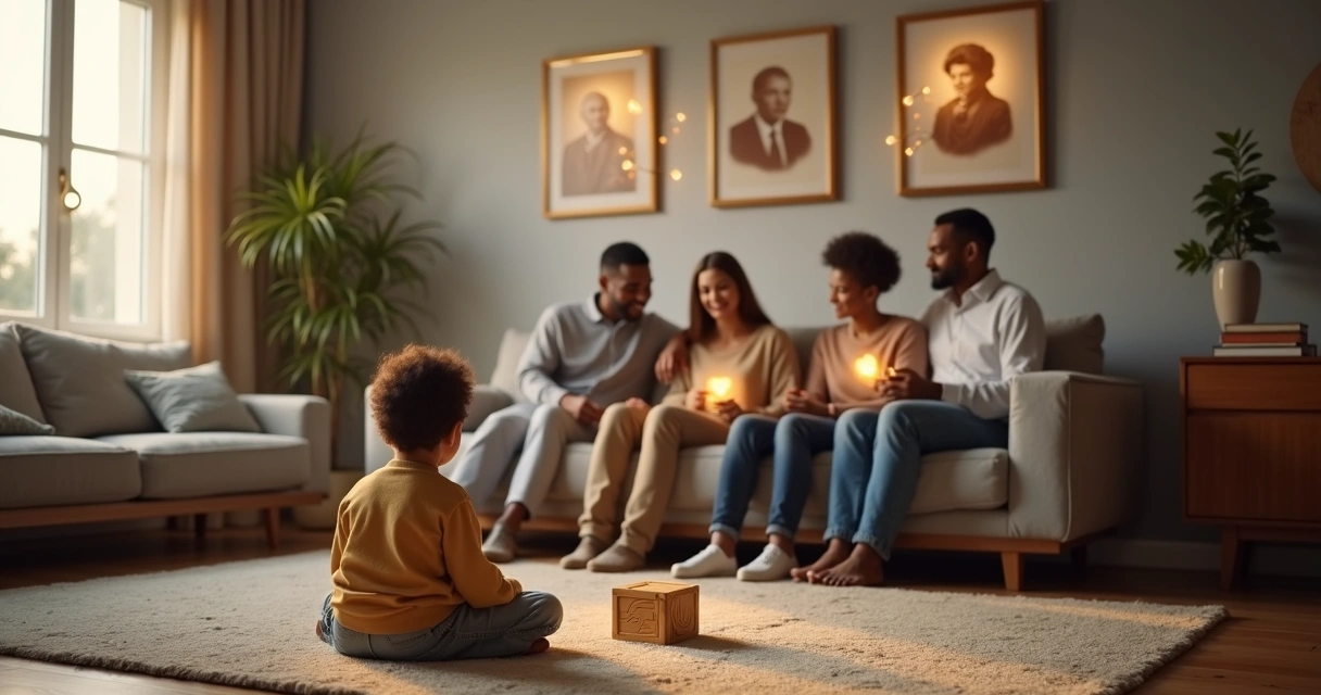 Família de três gerações conectada por linha de luz simbólica entre eles 