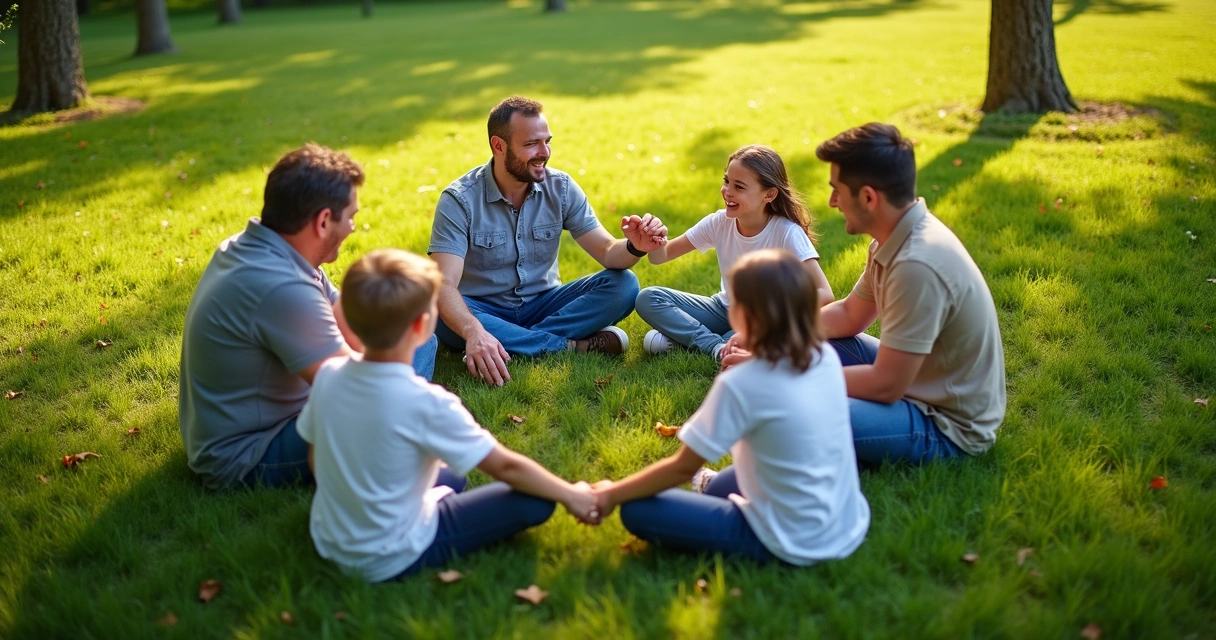 Família reunida em círculo, adultos e crianças de mãos dadas no parque