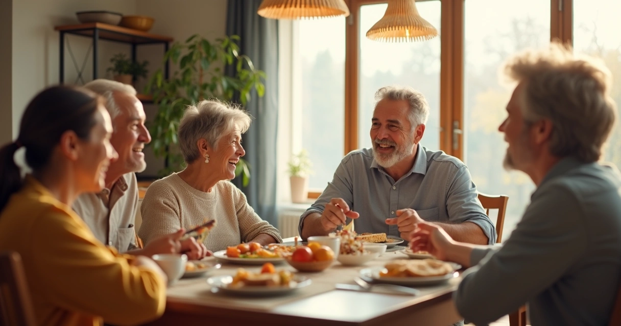 Família reunida conversando ao redor de uma mesa. 