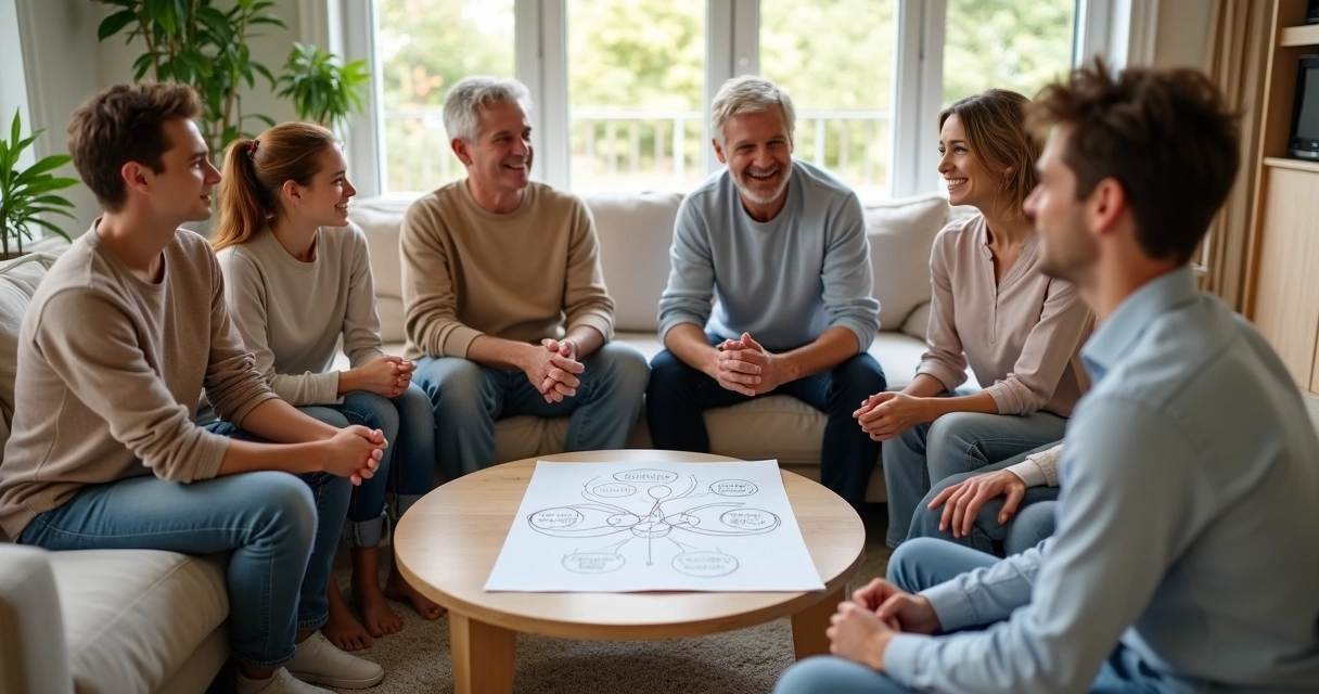 Familia sentada en círculo en el salón conversando unida 
