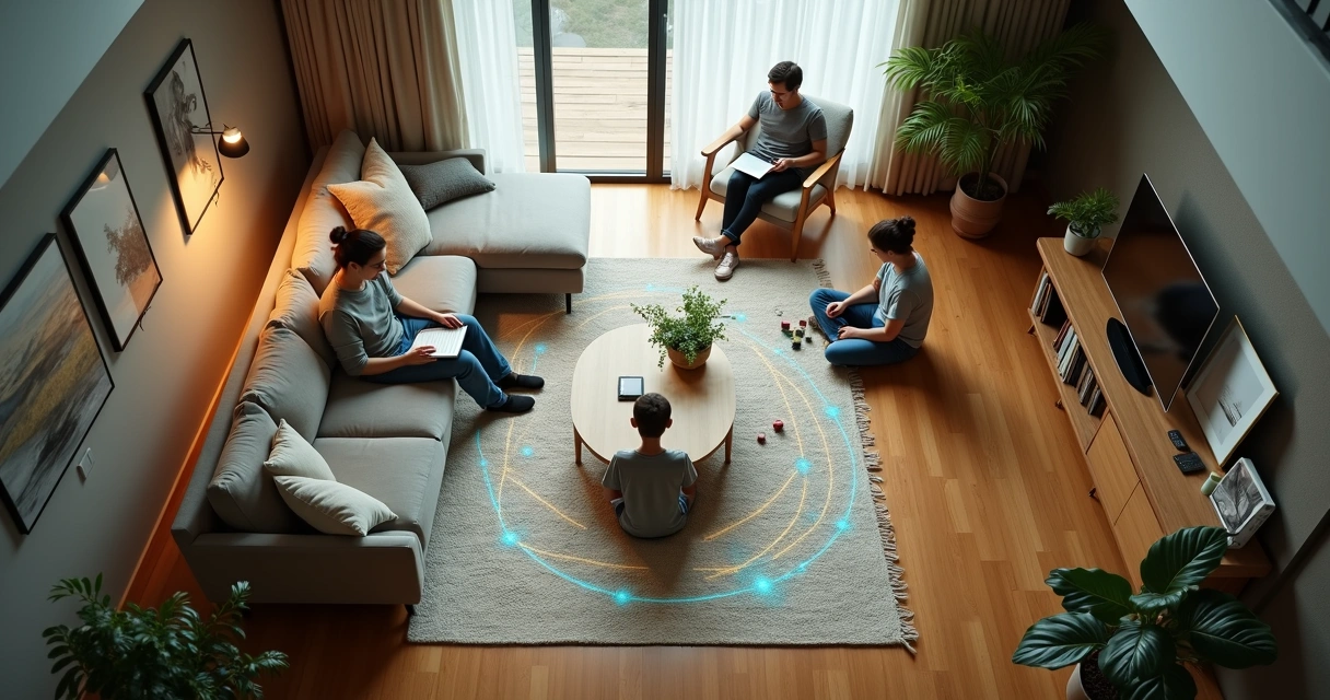 Família em sala vista de cima conectada por trilhas luminosas no espaço da casa 