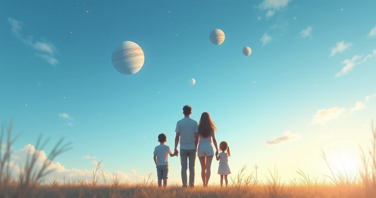 Família reunida sob céu azul com planetas visíveis 