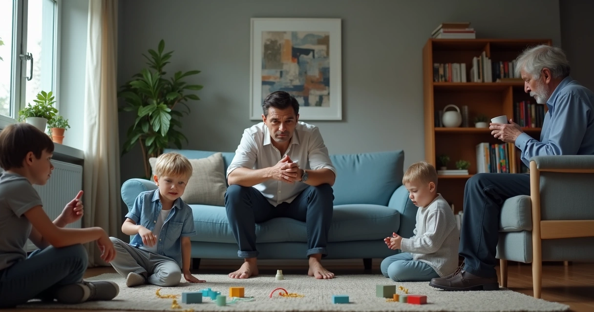 Familia en sala de estar conectada por líneas de color que muestran sobrecarga emocional 
