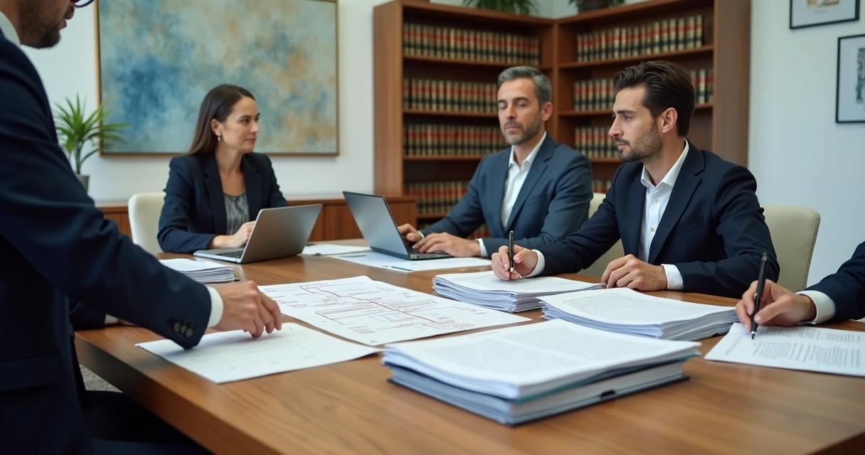 Mesa com advogada, herdeiros e documentos de inventário organizados 