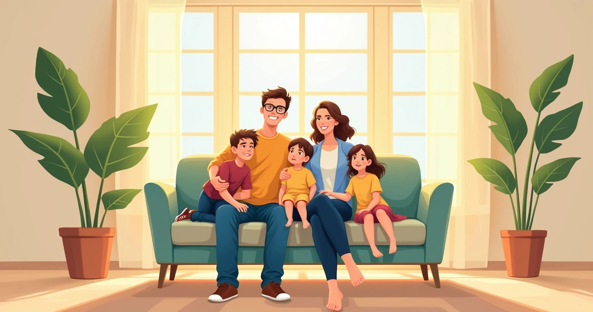 Família reunida confortável no sofá limpo 