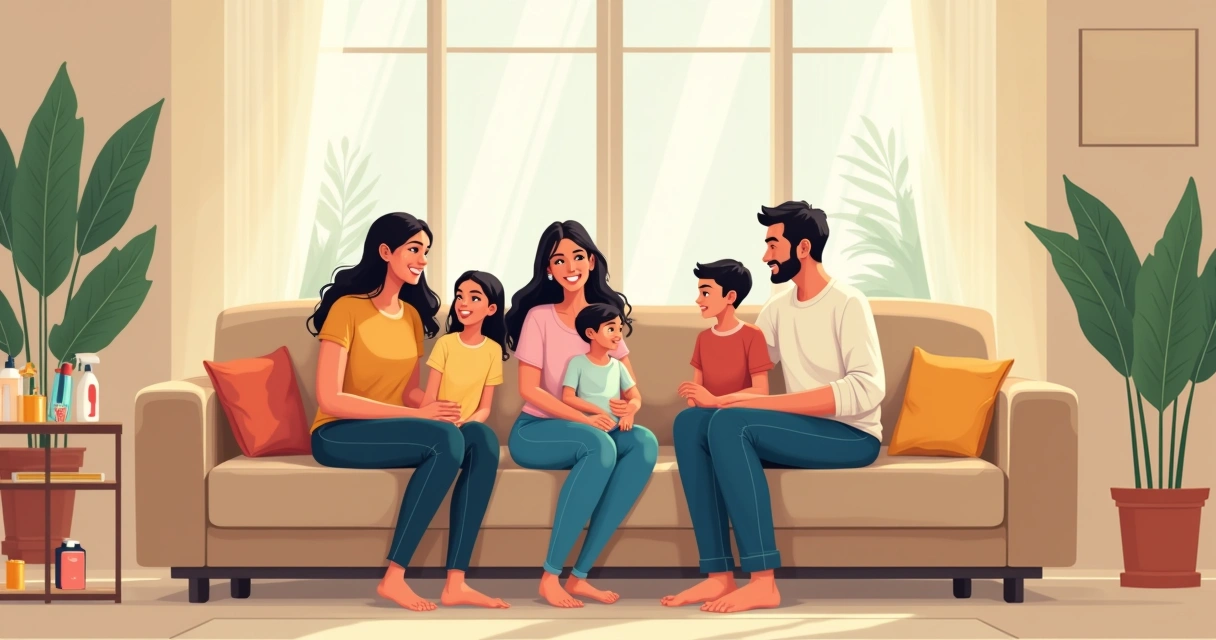 Família aproveitando sofá limpo e iluminado 