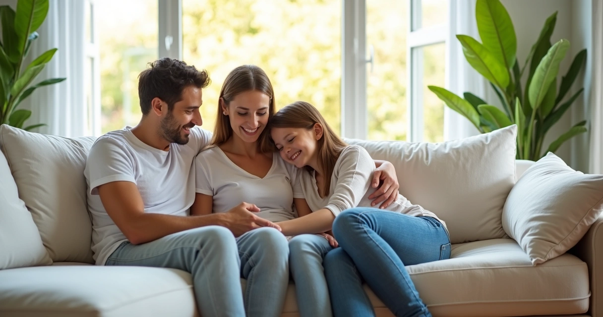 Família sentada em sofá limpo em sala arejada 