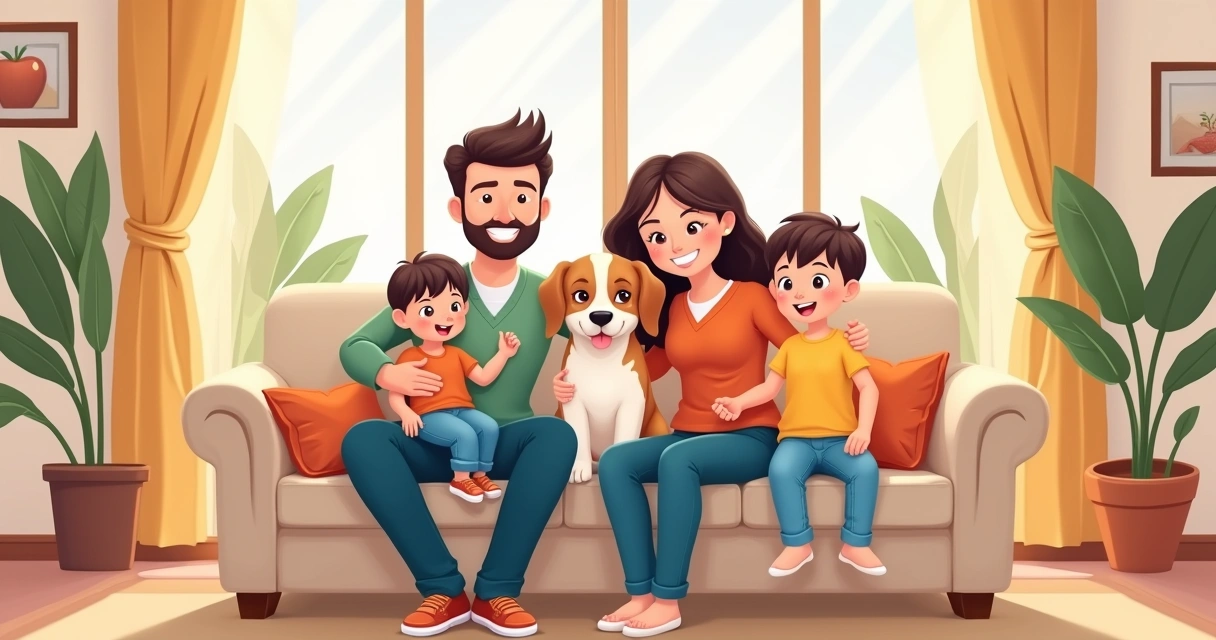 Família feliz no sofá recém limpo 