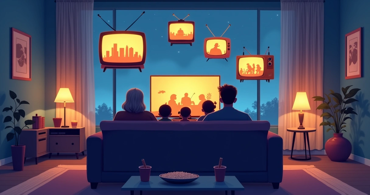 Família em sofá assistindo reprises em várias telas antigas flutuando 