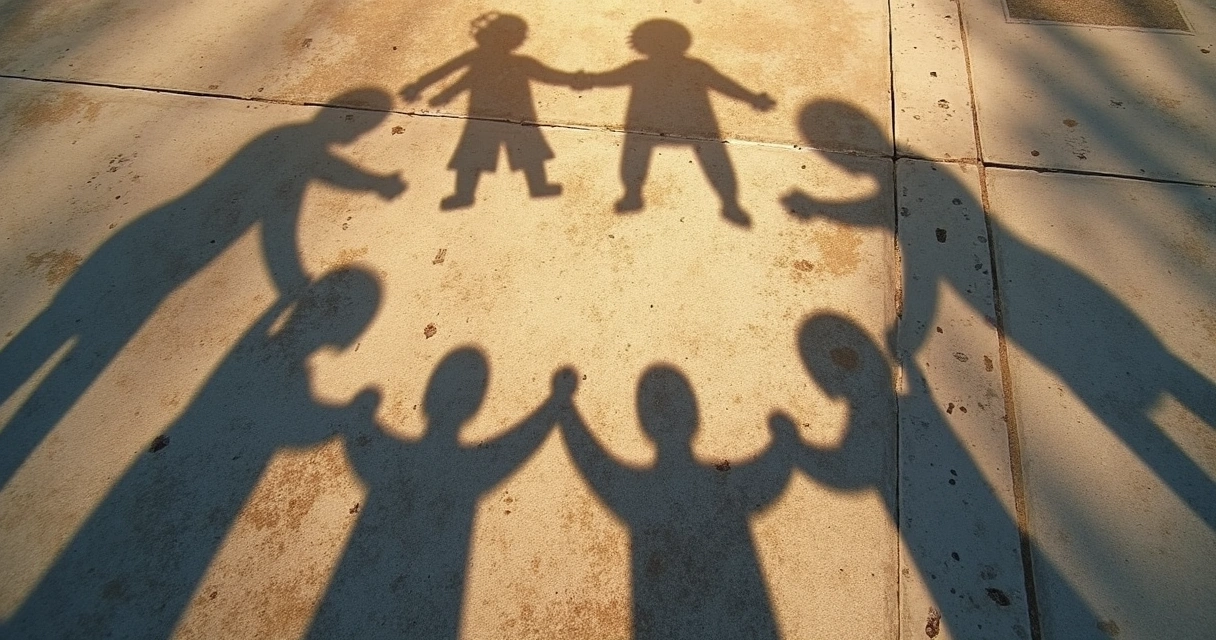 Sombras de pessoas de mãos dadas, representando conexão familiar invisível.