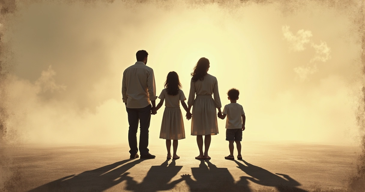 Silhuetas de família com sombras, sugerindo laços invisíveis e sentimentos antigos 