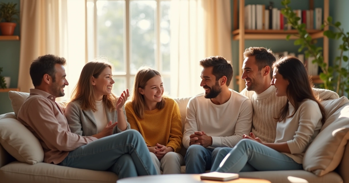 Família unida sentada em sala de estar, conversando de forma descontraída e acolhedora 