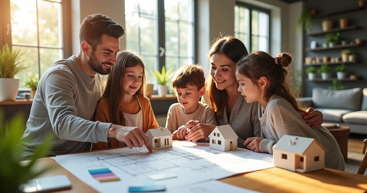 Família conversa em sala com plantas e desenhos de imóvel na mesa 