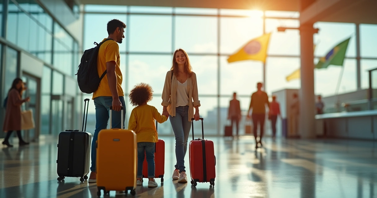 Família brasileira feliz chegando à Espanha com malas no aeroporto 