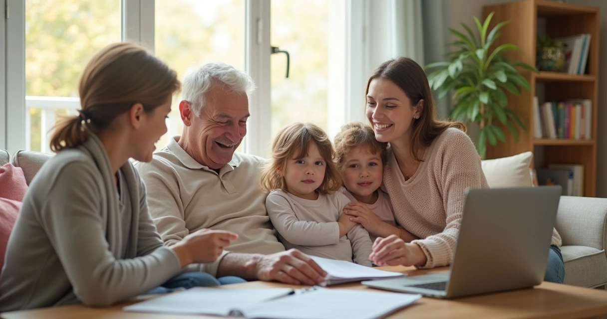 Família sorridente reunida em casa, representando proteção e cuidados com planos de saúde familiar 
