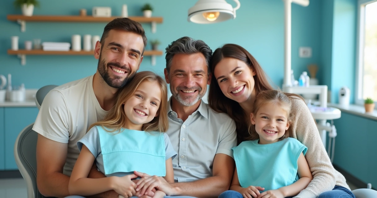 Família sorrindo em consultório odontológico 
