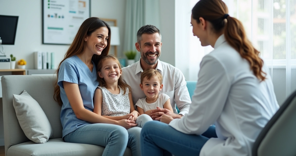 Família feliz sentada no consultório odontológico durante consulta 