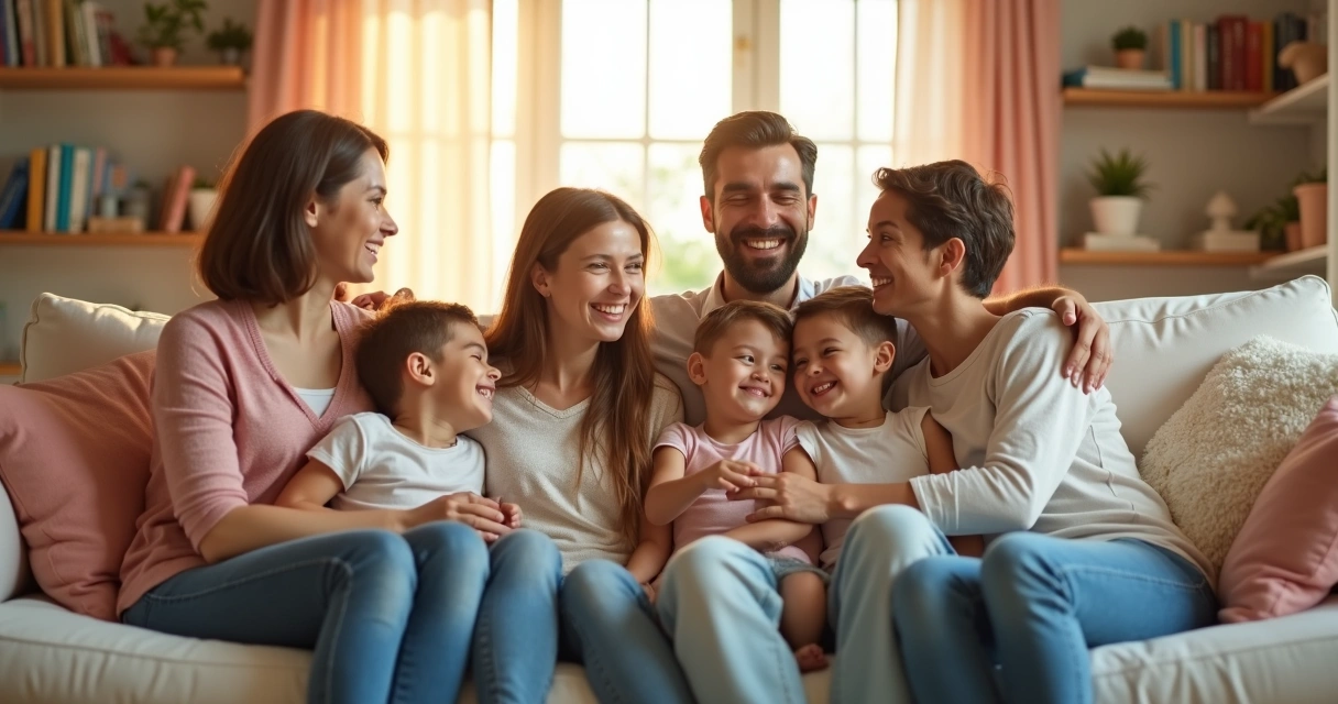 Família sorrindo unida sentada no sofá 