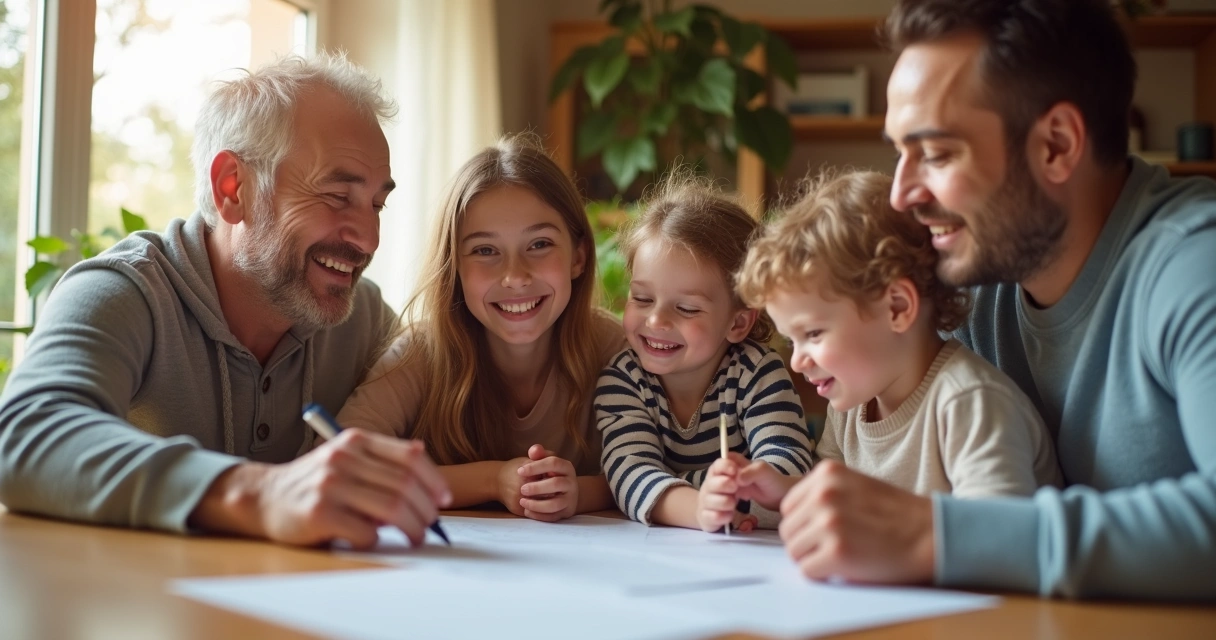 Família sorridente reunida em ambiente acolhedor após conseguir benefício 