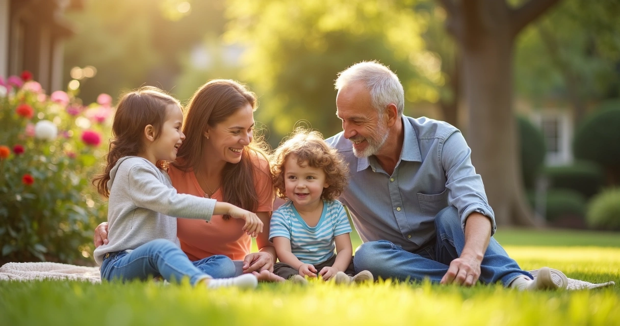 Família sorrindo em um jardim ensolarado 