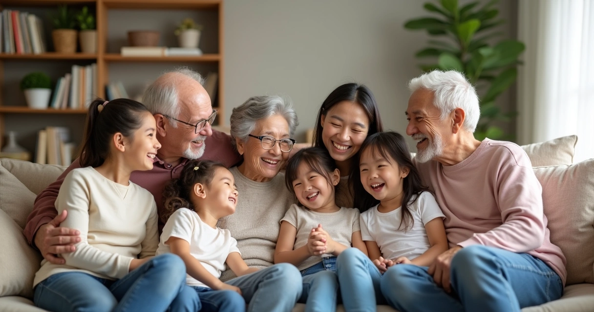 Família de várias idades sorrindo sentados juntos em um sofá. 