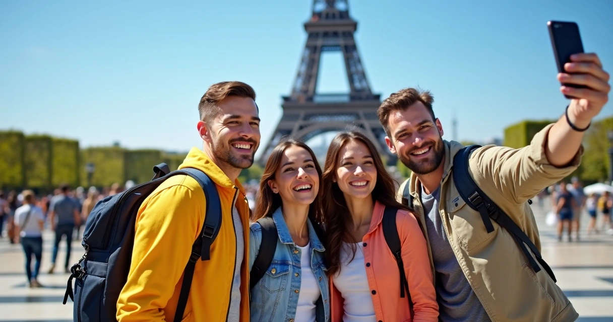 Família feliz em frente a ponto turístico internacional 
