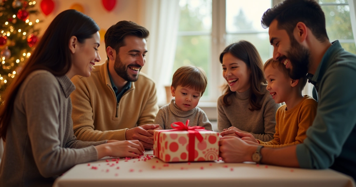 Família sorrindo e trocando presentes sentados em uma sala decorada 