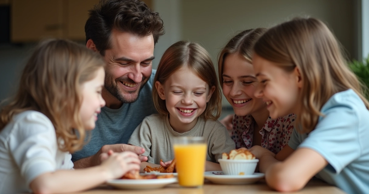 Família sentada à mesa compartilhando risadas e expressões emocionais distintas.