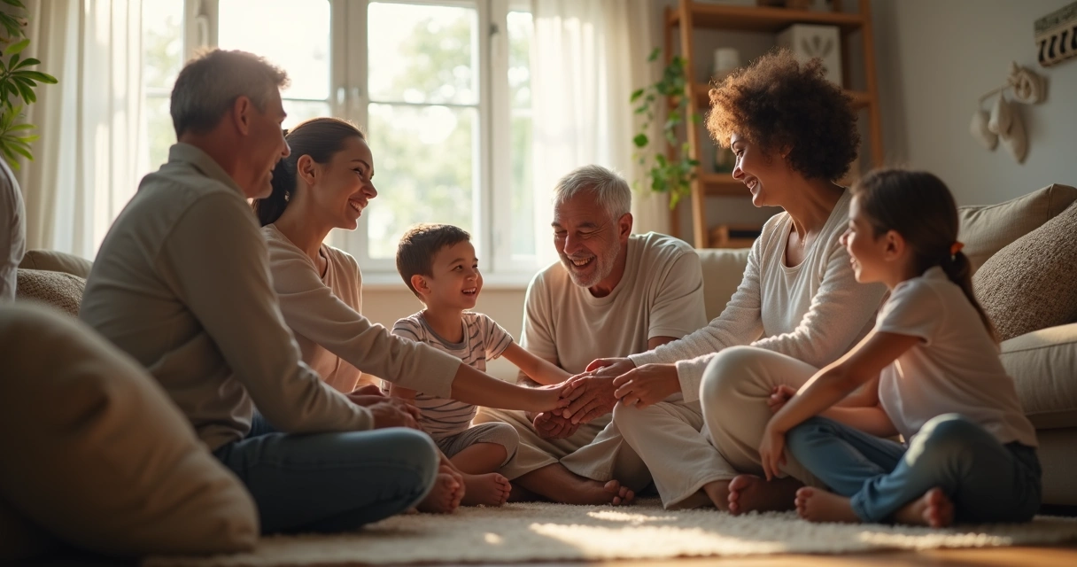 Familia sentados en círculo tomados de las manos