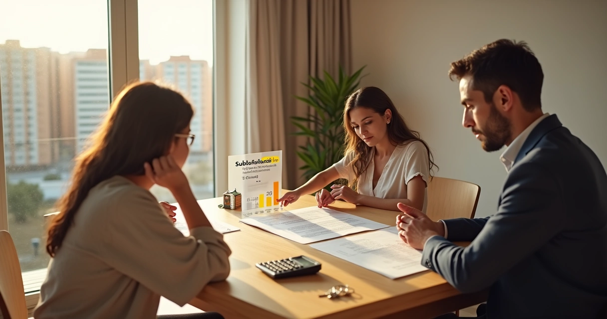 Família conversa com corretor sobre subsídio imobiliário em apartamento novo 