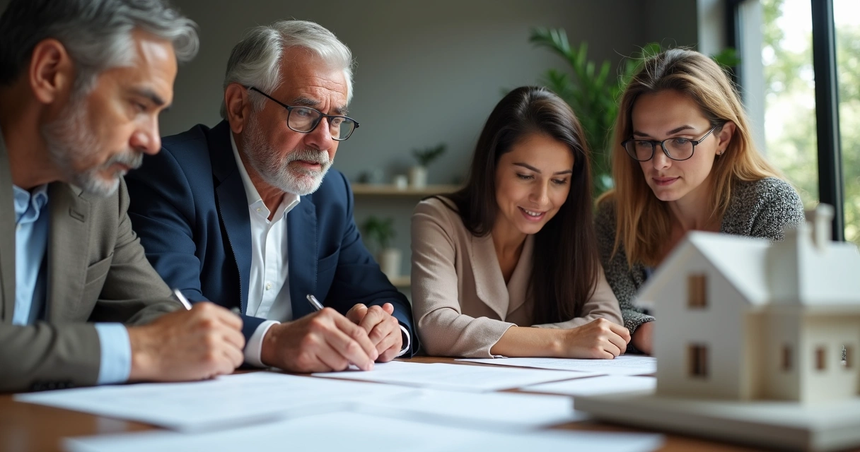 Família reunida analisando documentos de sucessão e imóvel 