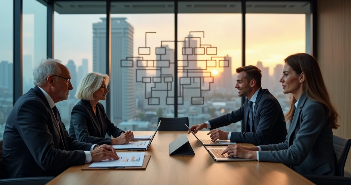 Reunião de família empresária em sala de conselho discutindo sucessão 