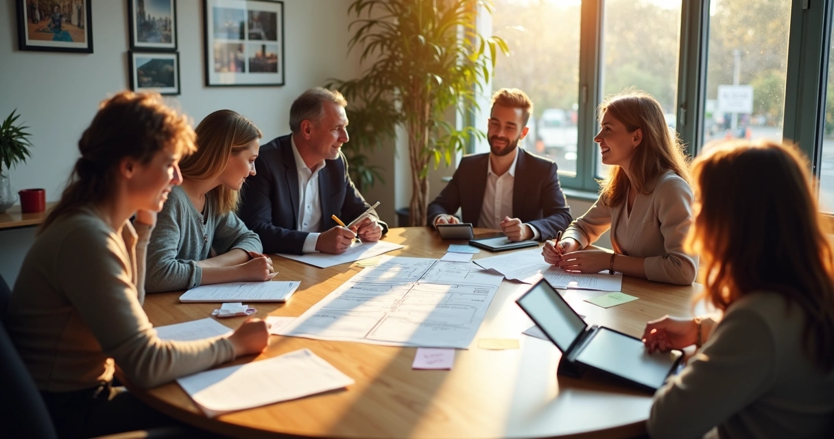 Encontro de família empresária em sala de reunião moderna, discutindo sucessão e valores humanos 
