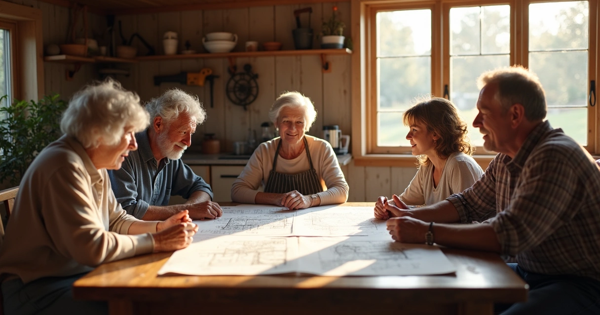 Família reunida analisando projetos de fazenda 