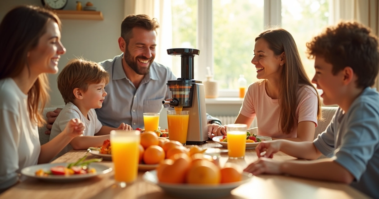 Família reunida tomando suco de frutas natural no café da manhã 